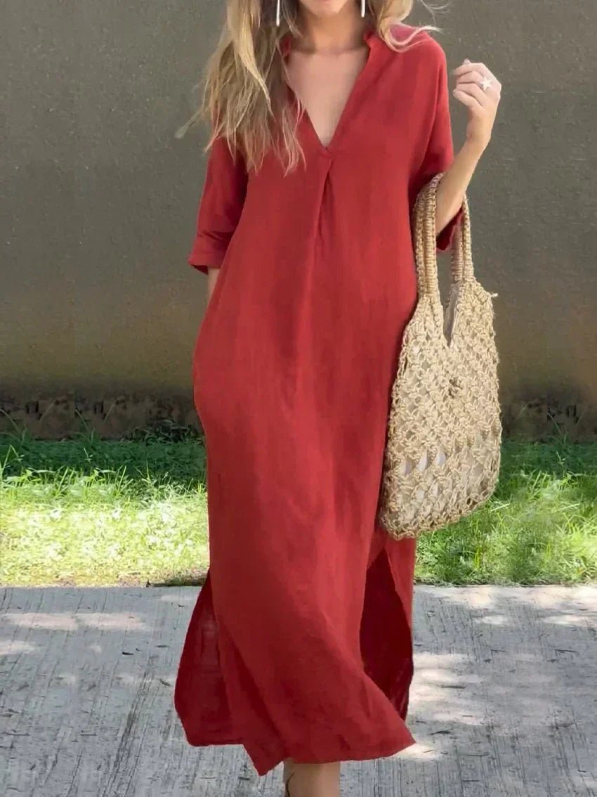 Women's Relaxed-Fit V-Neck Cotton Linen Maxi Dress - Red (Almost sold out)