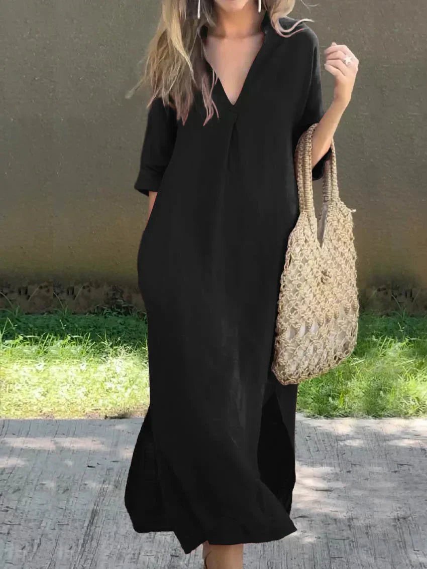 Women's Relaxed-Fit V-Neck Cotton Linen Maxi Dress - Black (Almost sold out)