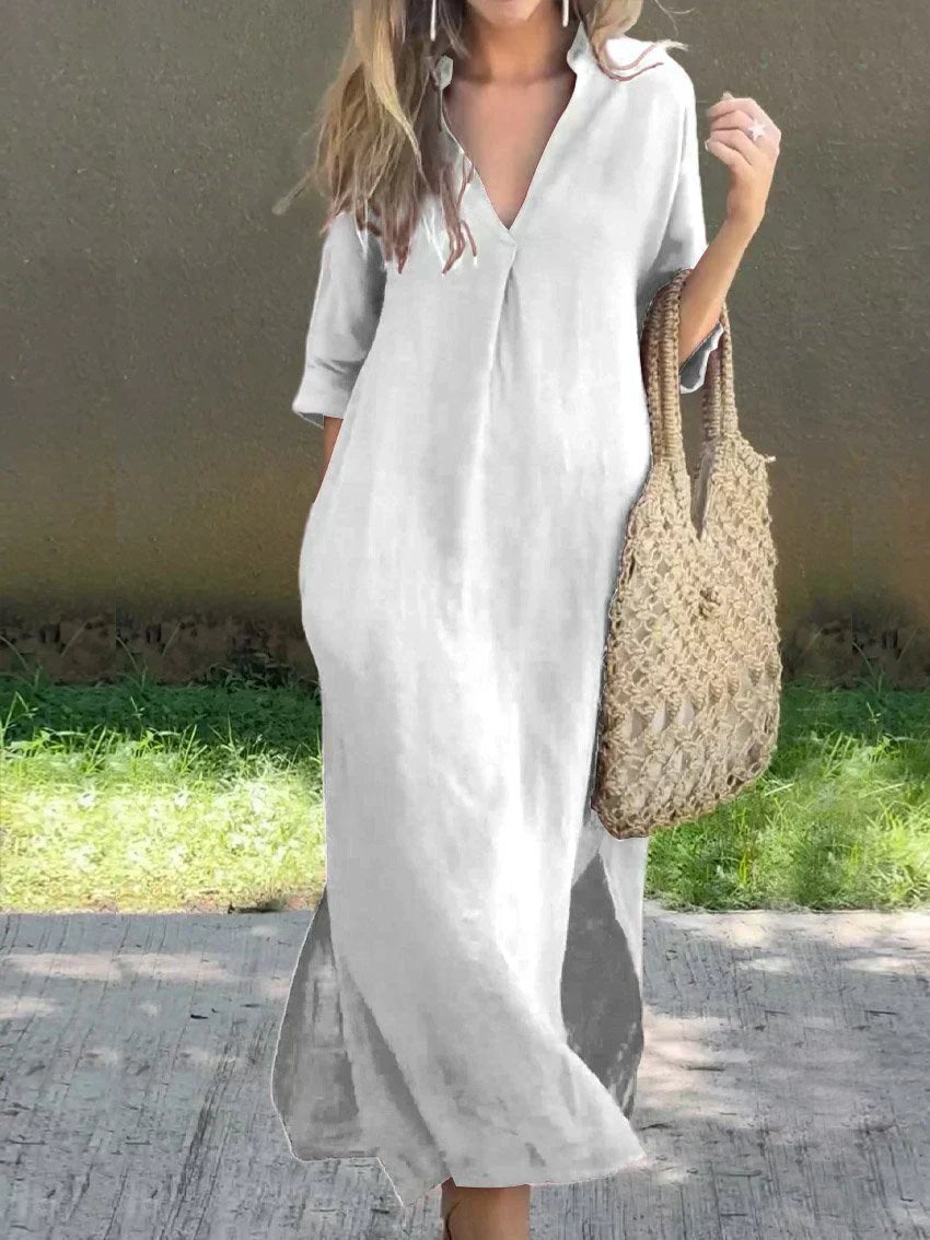 Women's Relaxed-Fit V-Neck Cotton Linen Maxi Dress - White