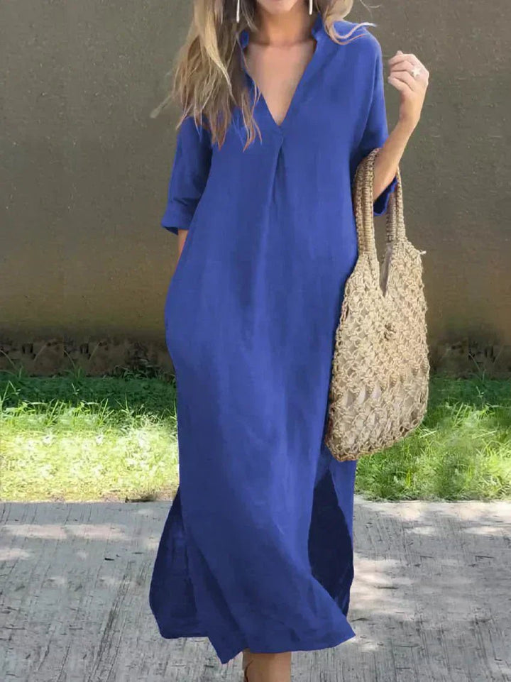 Women's Relaxed-Fit V-Neck Cotton Linen Maxi Dress - Blue