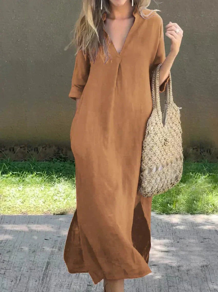 Women's Relaxed-Fit V-Neck Cotton Linen Maxi Dress - Brown