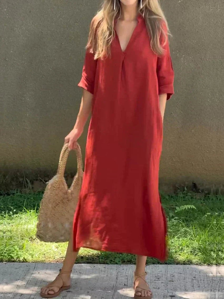Women's Relaxed-Fit V-Neck Cotton Linen Maxi Dress