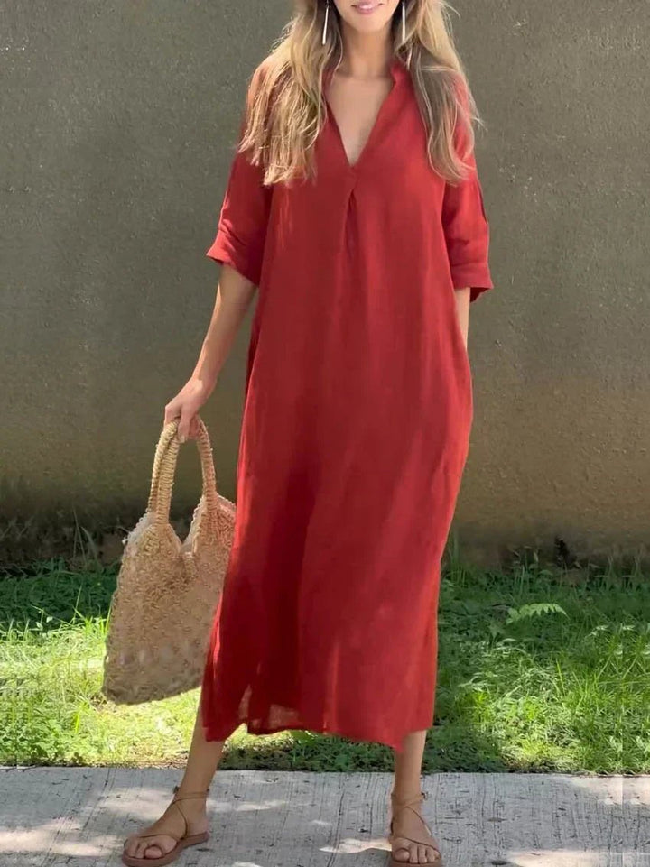 Women's Relaxed-Fit V-Neck Cotton Linen Maxi Dress