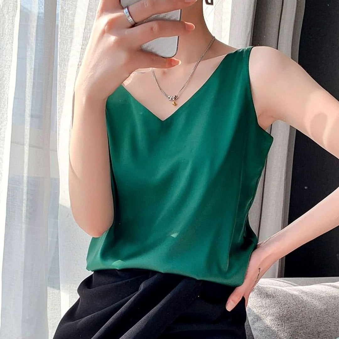 Women's Relaxed-Fit V-Neck Draped Satin Tank Top - Green