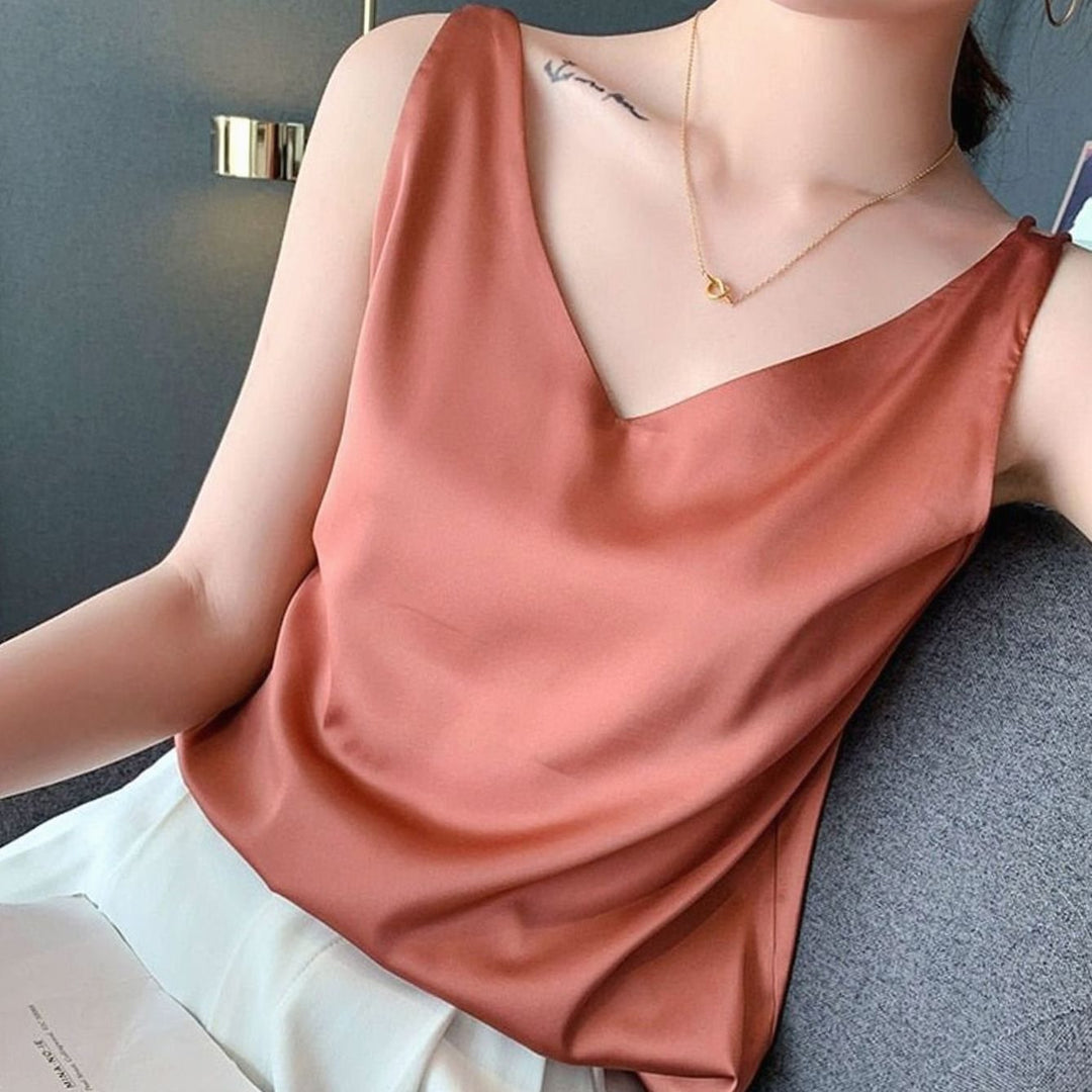 Women's Relaxed-Fit V-Neck Draped Satin Tank Top - Orange