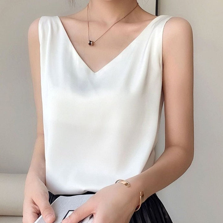 Women's Relaxed-Fit V-Neck Draped Satin Tank Top - White