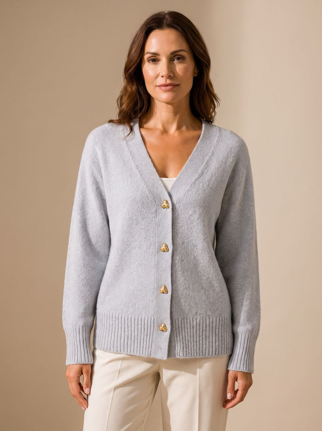 Women's Relaxed-Fit V-Neck Gold Heart-Button Knitwear Cardigan - Gray