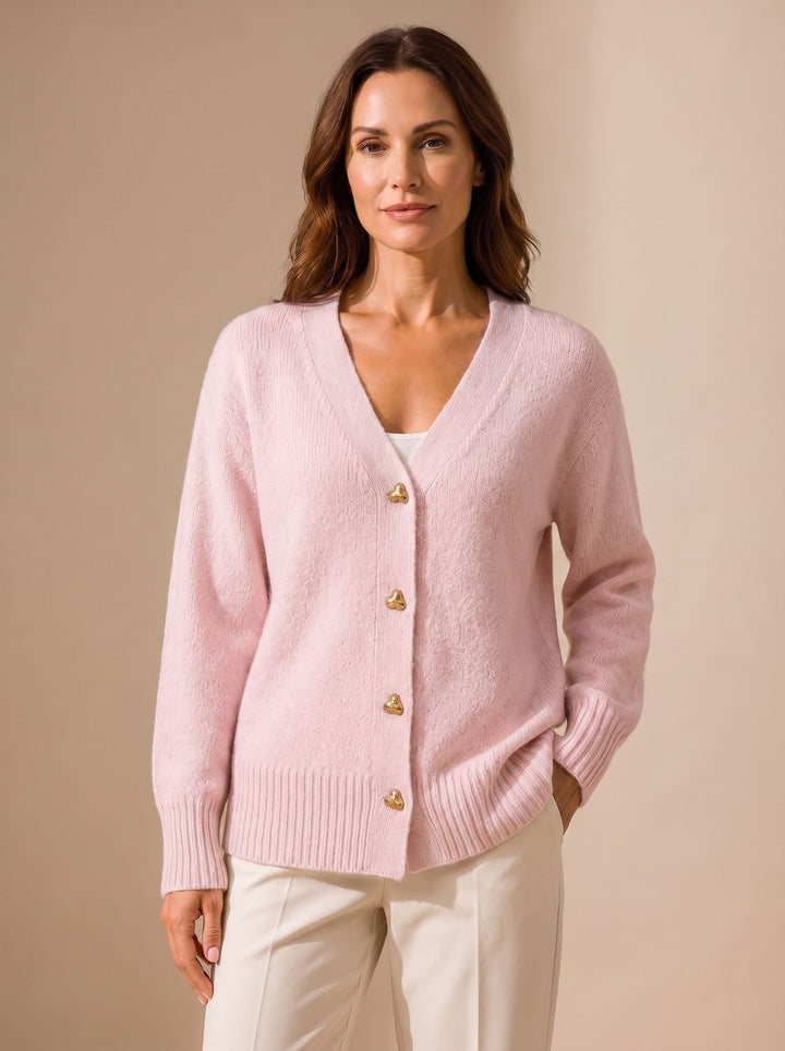 Women's Relaxed-Fit V-Neck Gold Heart-Button Knitwear Cardigan - Pink