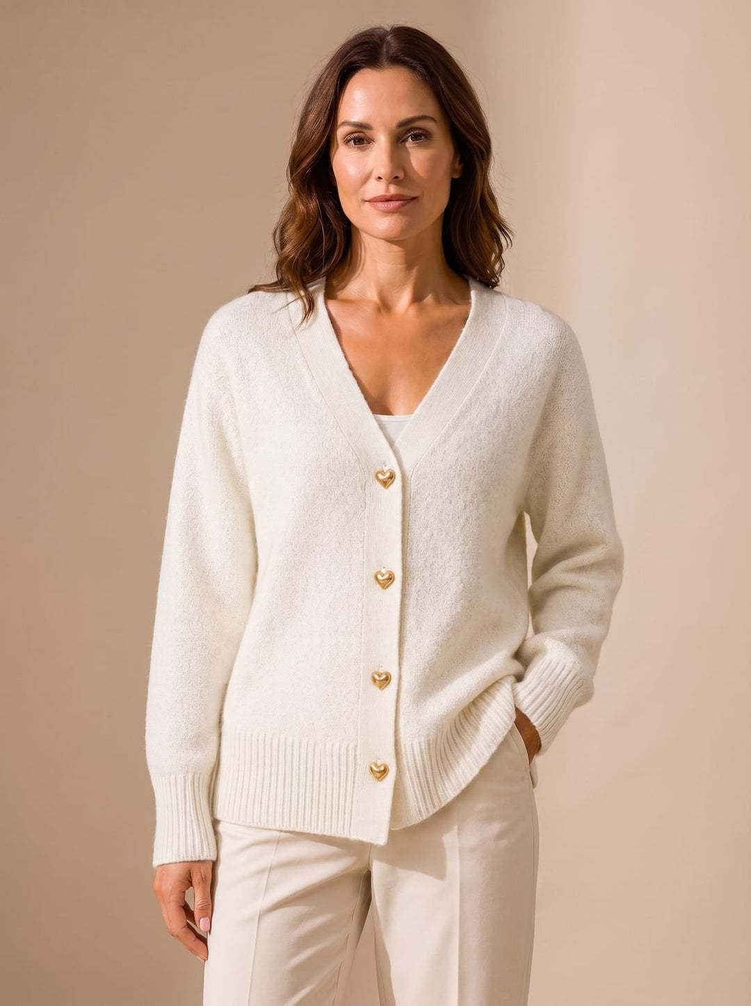 Women's Relaxed-Fit V-Neck Gold Heart-Button Knitwear Cardigan - Cream
