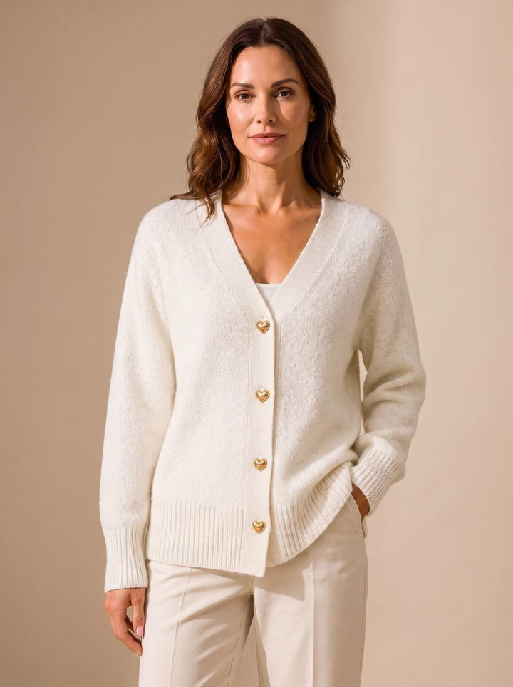 Women's Relaxed-Fit V-Neck Gold Heart-Button Knitwear Cardigan - Cream