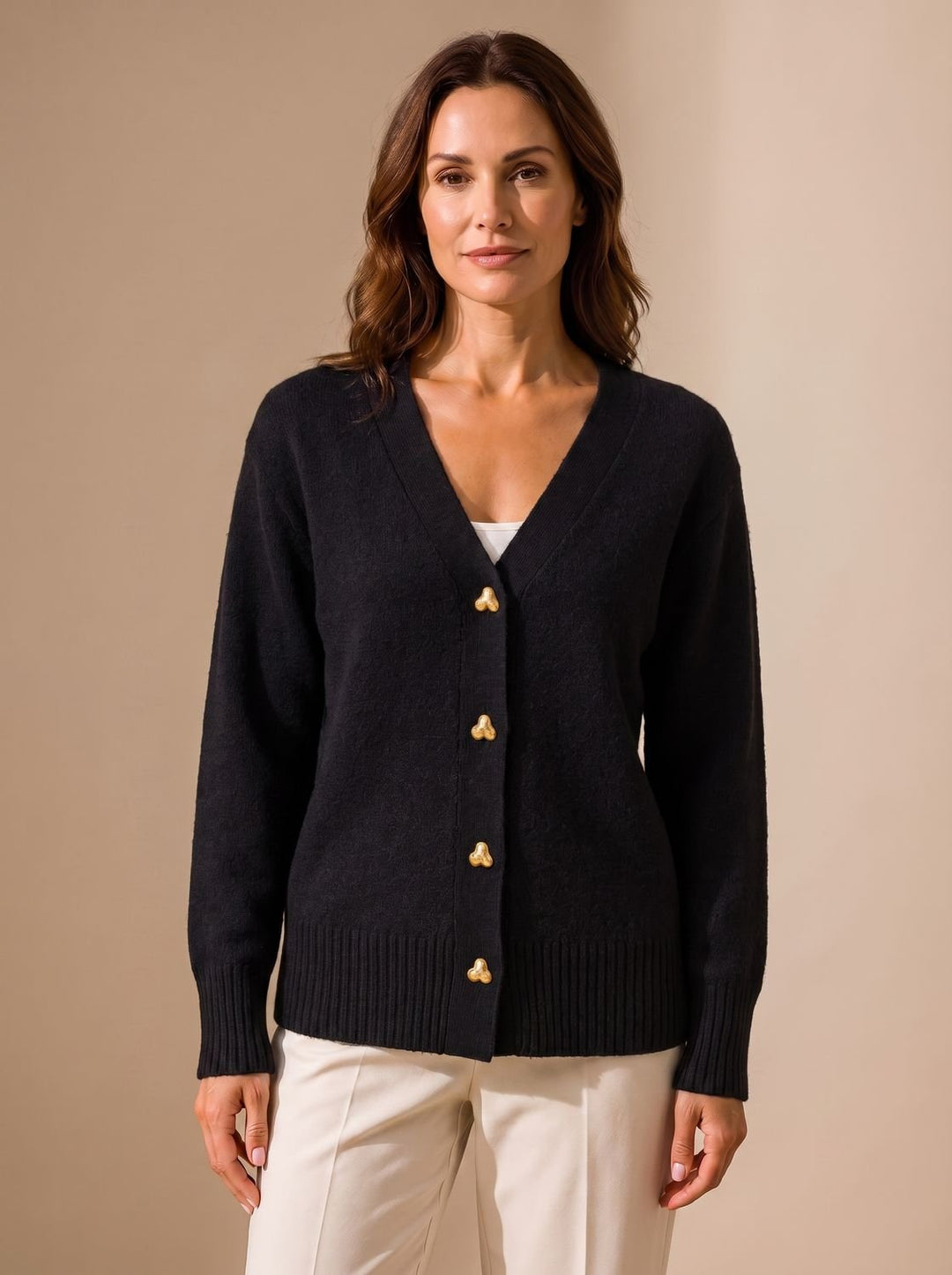 Women's Relaxed-Fit V-Neck Gold Heart-Button Knitwear Cardigan - Black