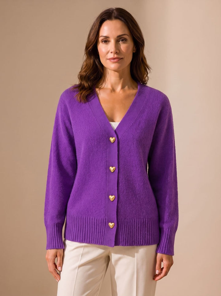 Women's Relaxed-Fit V-Neck Gold Heart-Button Knitwear Cardigan - Purple