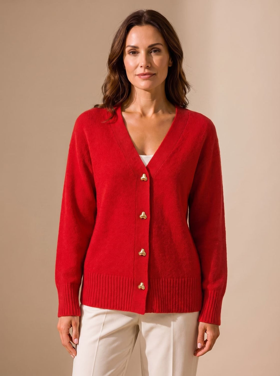 Women's Relaxed-Fit V-Neck Gold Heart-Button Knitwear Cardigan - Red