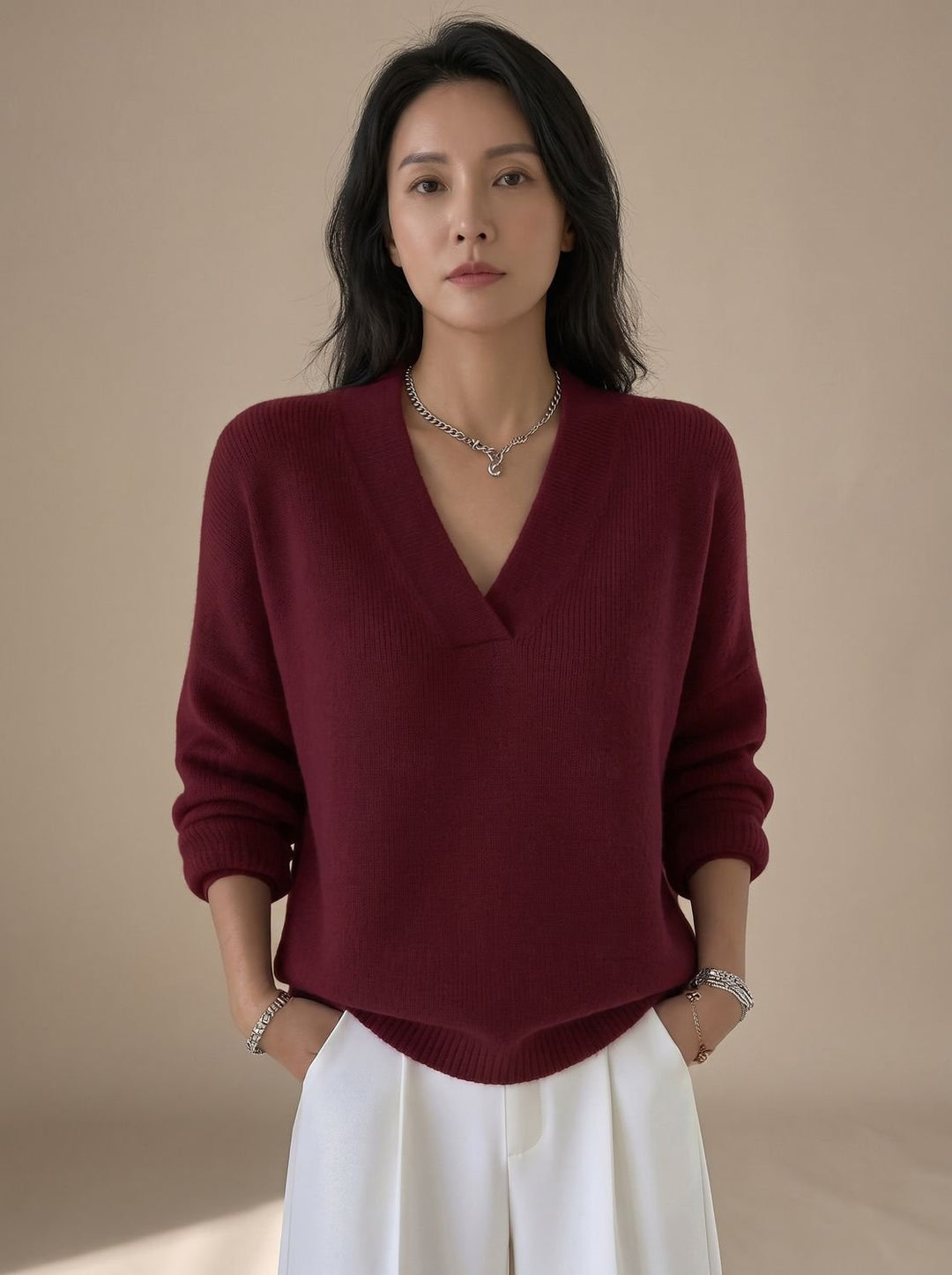 Women's Relaxed-Fit V-Neck Ribbed Trim Knitwear Pullover Sweater - Red