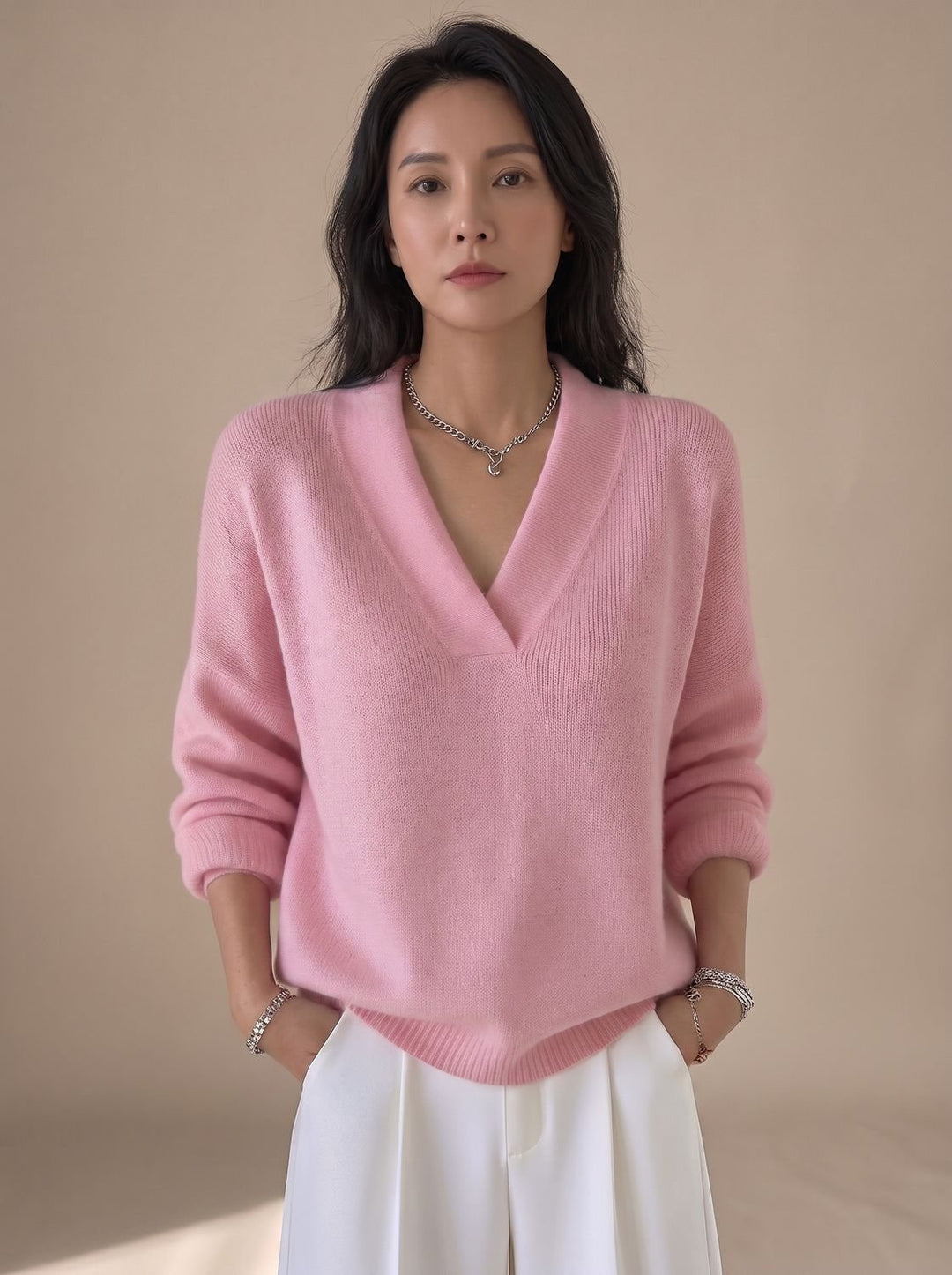 Women's Relaxed-Fit V-Neck Ribbed Trim Knitwear Pullover Sweater - Pink