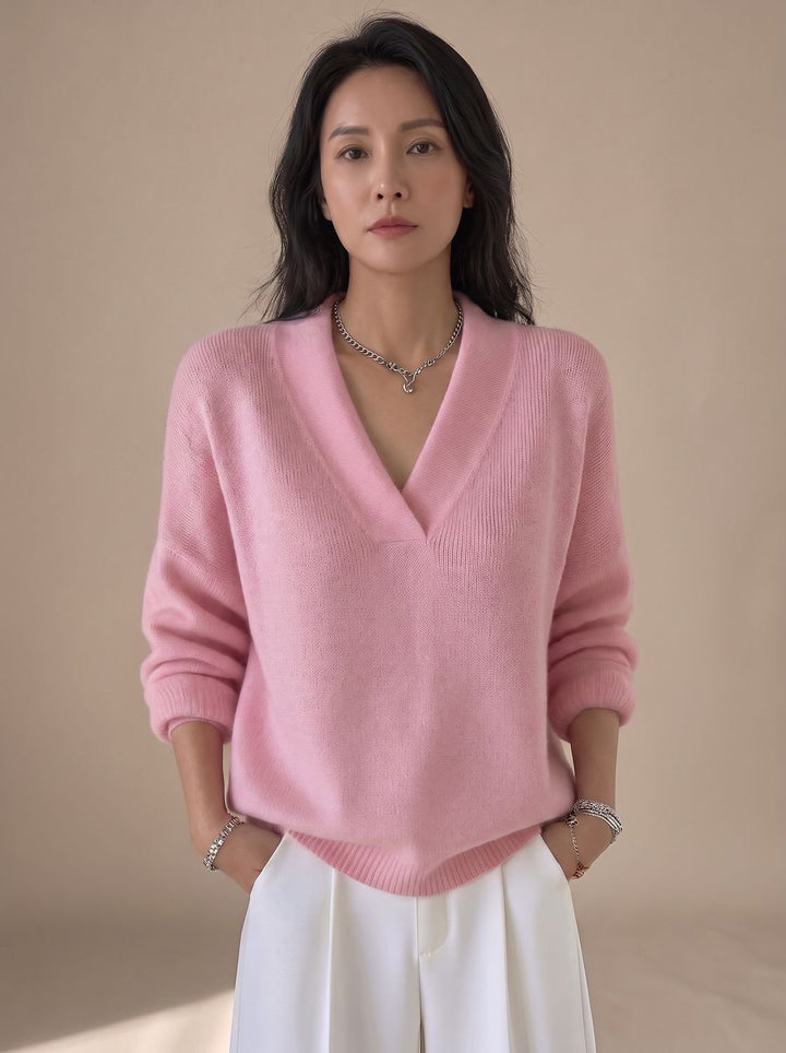 Women's Relaxed-Fit V-Neck Ribbed Trim Knitwear Pullover Sweater - Pink