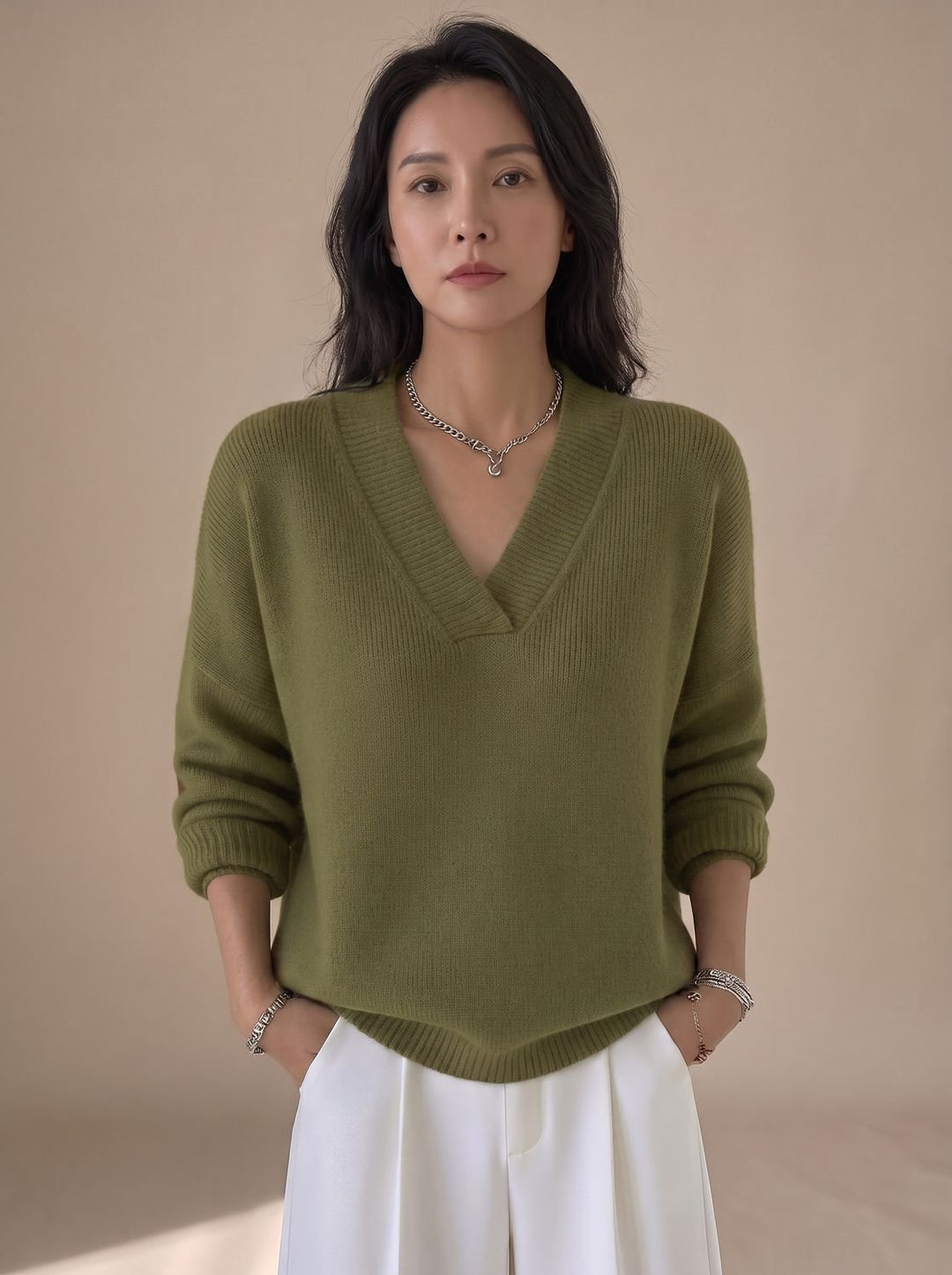 Women's Relaxed-Fit V-Neck Ribbed Trim Knitwear Pullover Sweater - Green