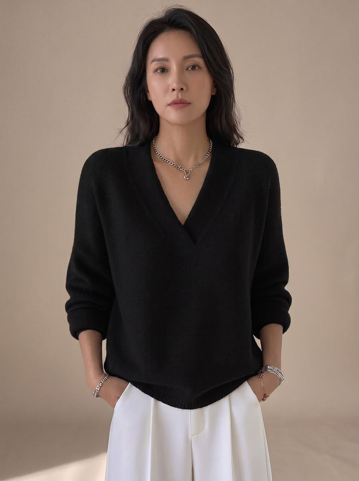 Women's Relaxed-Fit V-Neck Ribbed Trim Knitwear Pullover Sweater - Black