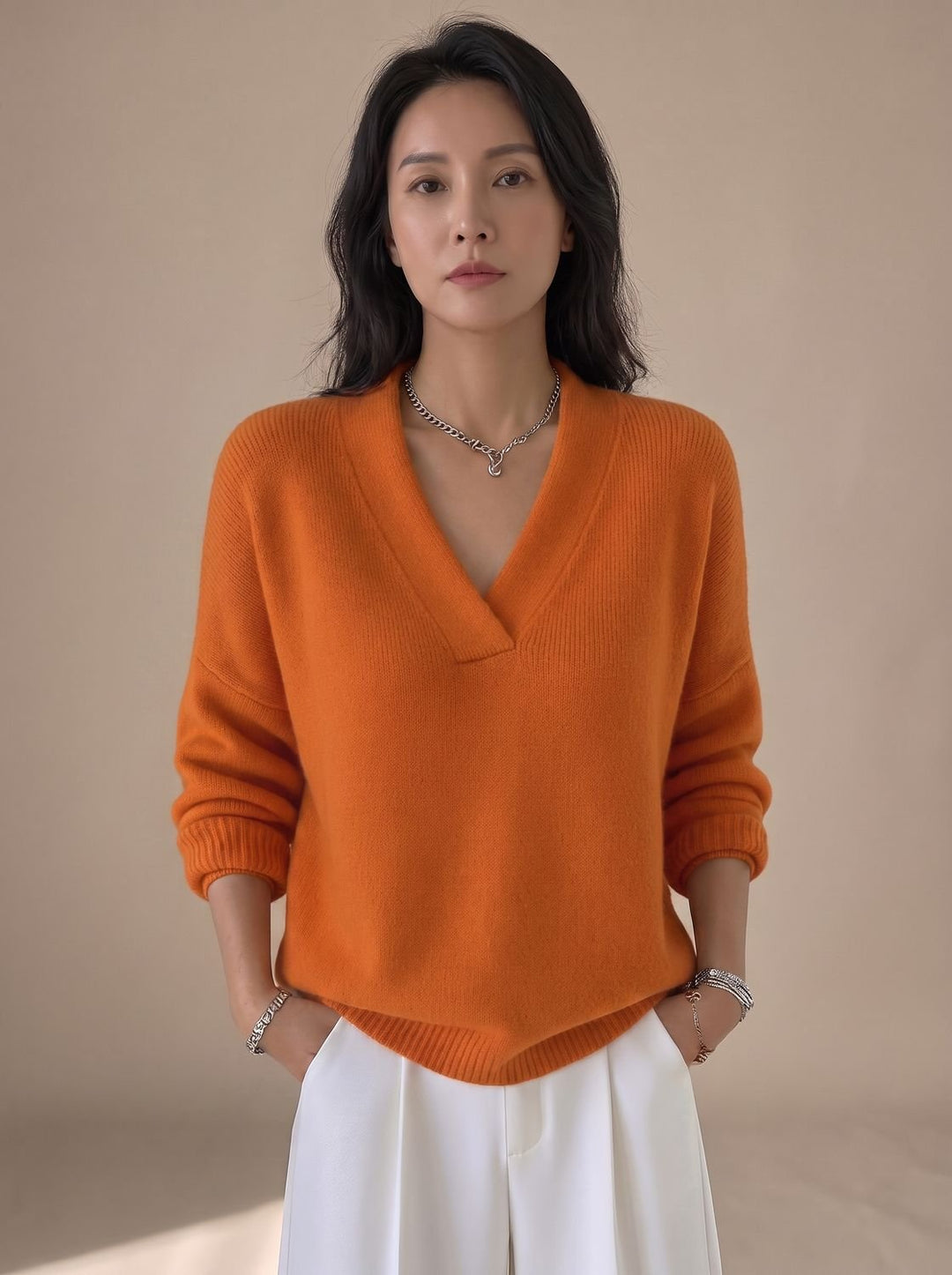 Women's Relaxed-Fit V-Neck Ribbed Trim Knitwear Pullover Sweater - Orange