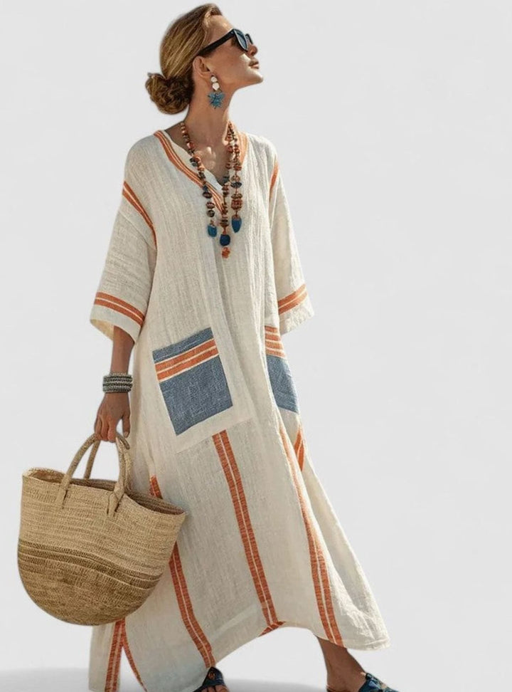 Women's Relaxed-Fit V-Neck Striped Formal Maxi Dress - Beige Orange