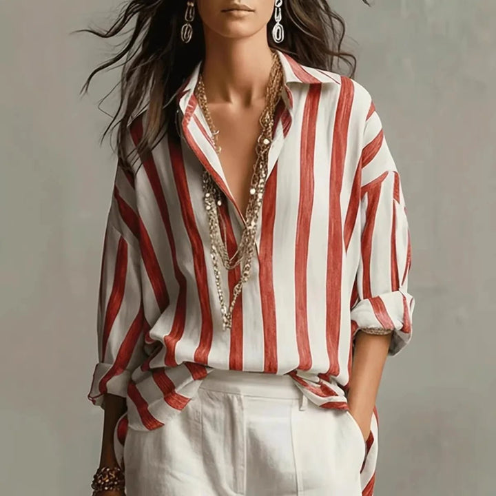 Women's Relaxed-Fit Vertical Striped Collared Linen-Style Blouse - Red
