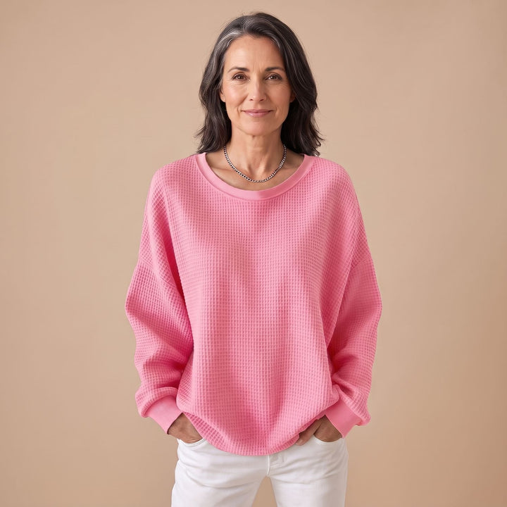 Women's Relaxed-Fit Waffle-Knit Long Sleeve Sweater - Pink