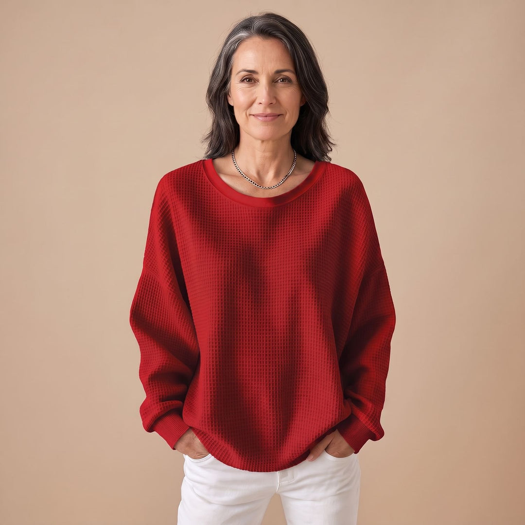 Women's Relaxed-Fit Waffle-Knit Long Sleeve Sweater - Red