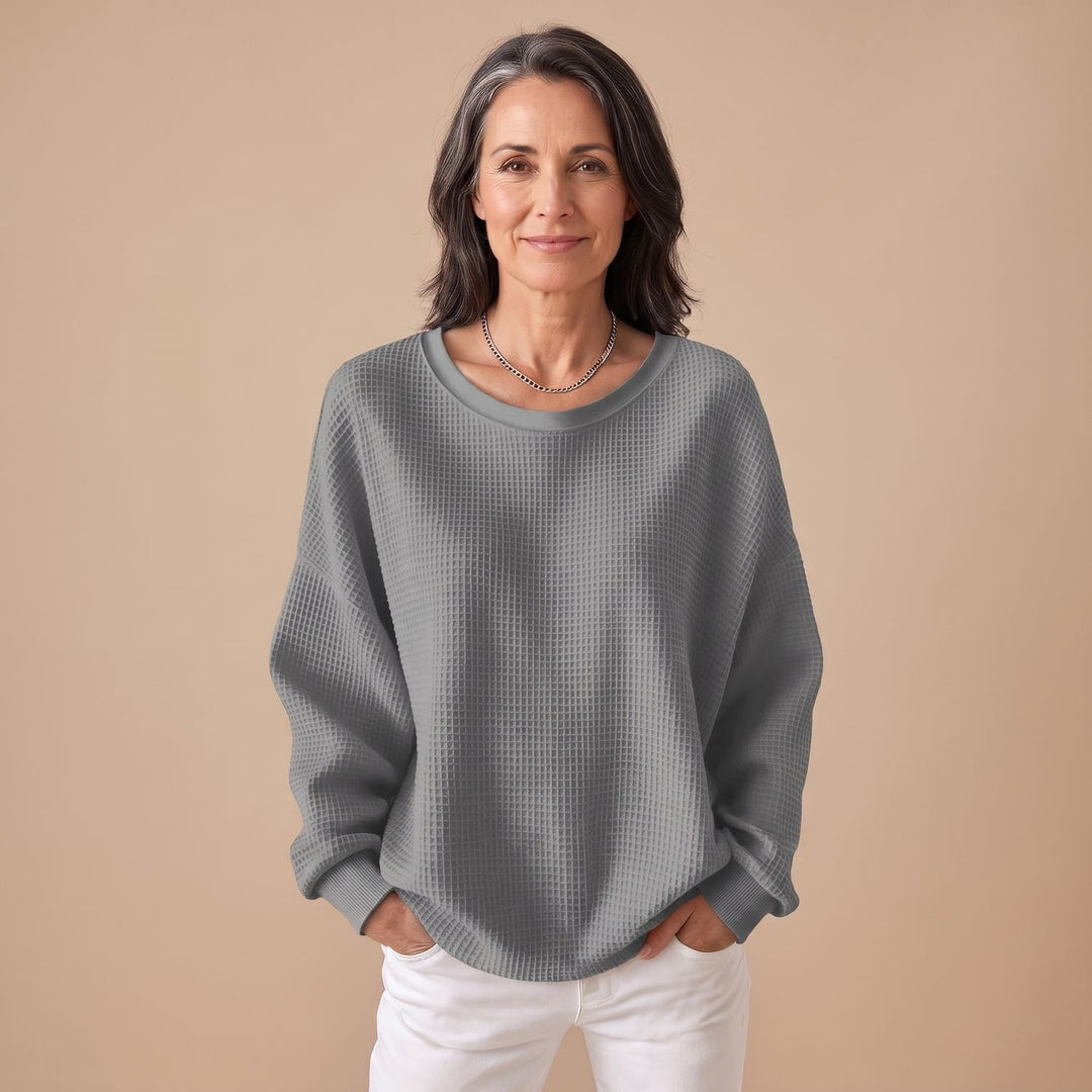 Women's Relaxed-Fit Waffle-Knit Long Sleeve Sweater - Gray