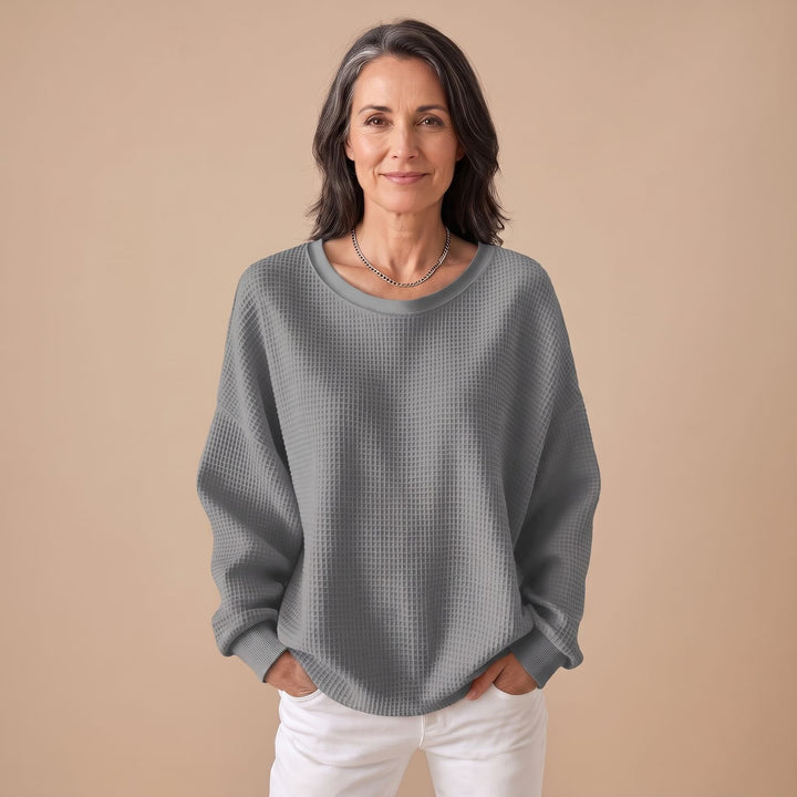 Women's Relaxed-Fit Waffle-Knit Long Sleeve Sweater - Gray