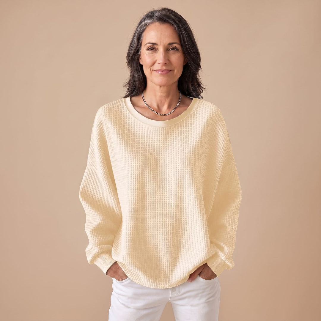 Women's Relaxed-Fit Waffle-Knit Long Sleeve Sweater - Apricot