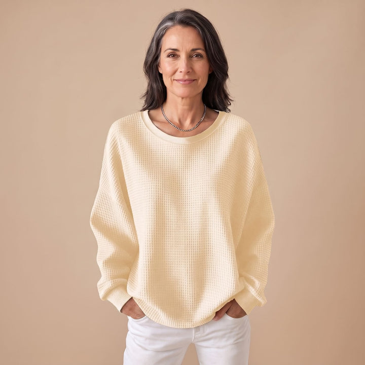 Women's Relaxed-Fit Waffle-Knit Long Sleeve Sweater - Apricot