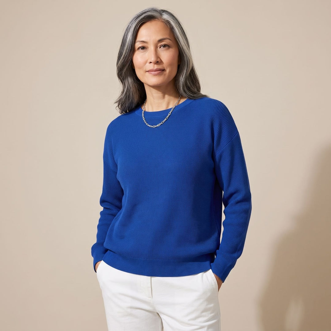 Women's Relaxed-Fit Waffle-Knit Long Sleeve Sweater - Blue