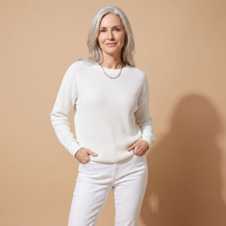 Women's Relaxed-Fit Waffle-Knit Long Sleeve Sweater - White