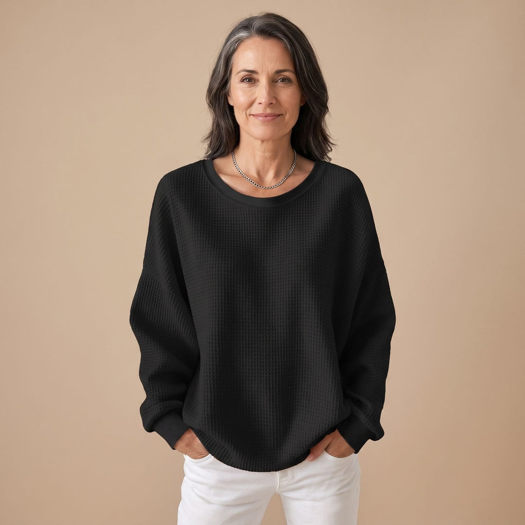 Women's Relaxed-Fit Waffle-Knit Long Sleeve Sweater - Black