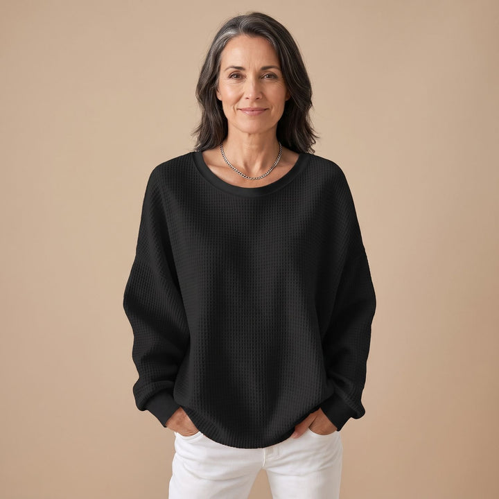 Women's Relaxed-Fit Waffle-Knit Long Sleeve Sweater - Black