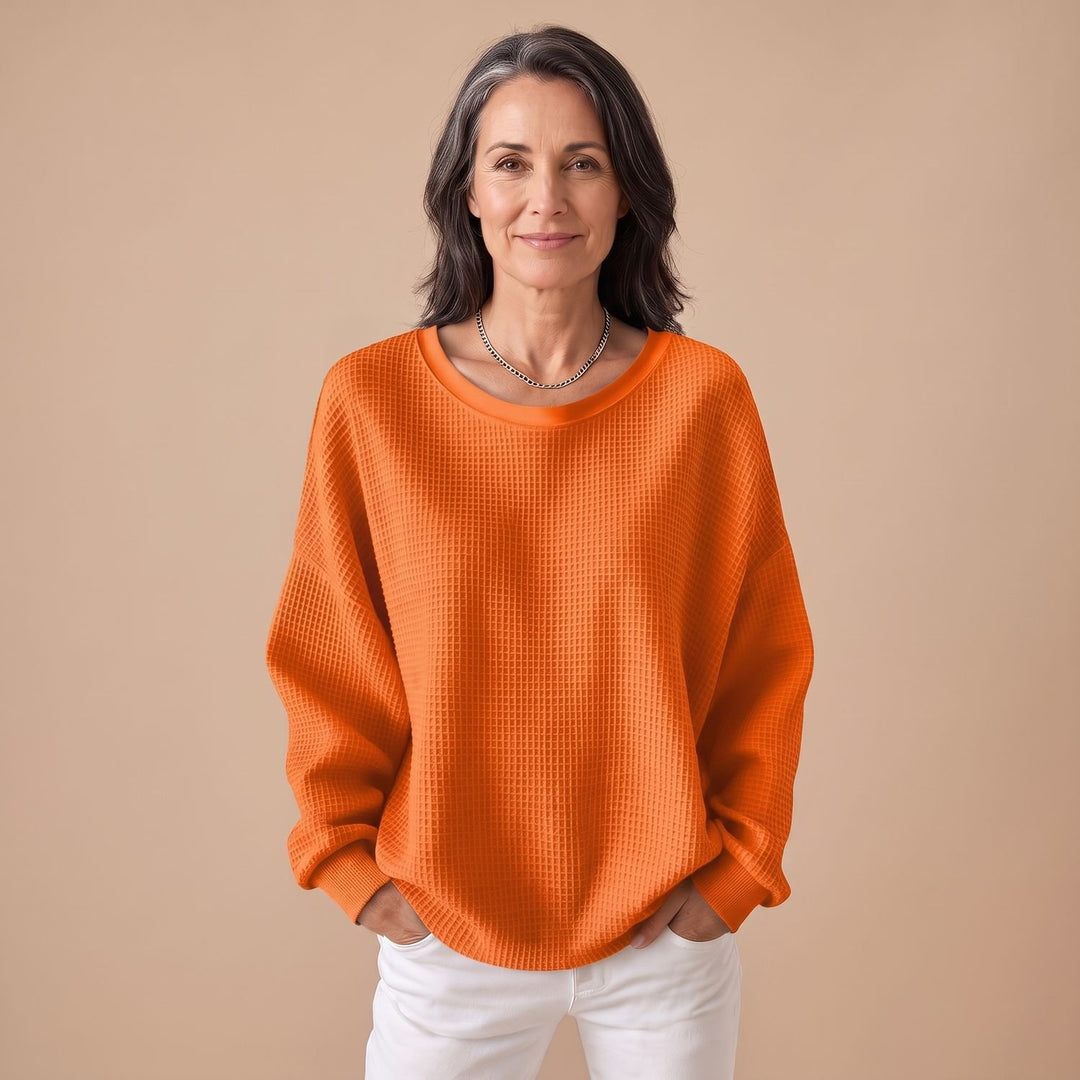 Women's Relaxed-Fit Waffle-Knit Long Sleeve Sweater - Orange