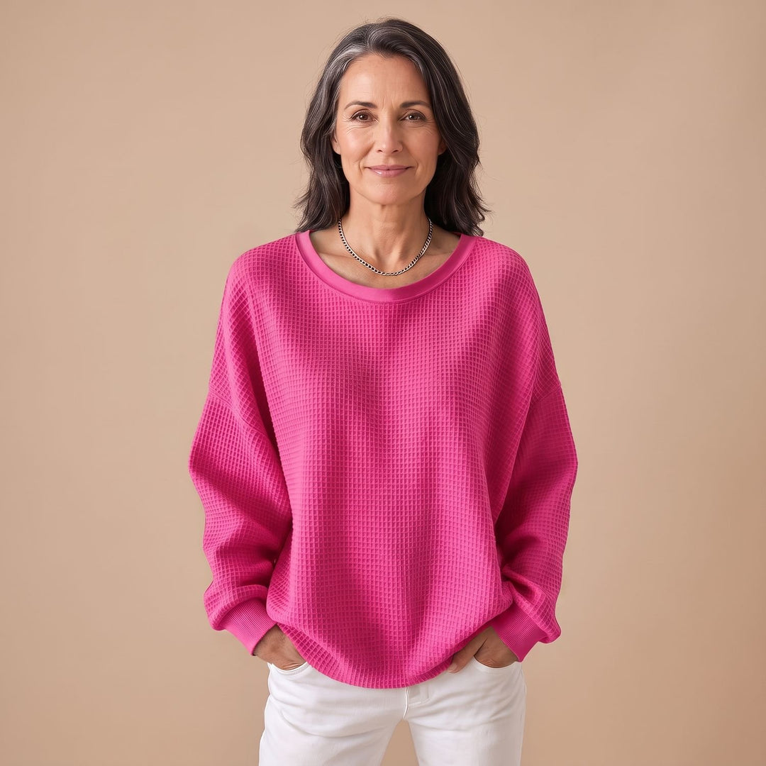 Women's Relaxed-Fit Waffle-Knit Long Sleeve Sweater - Bright Pink