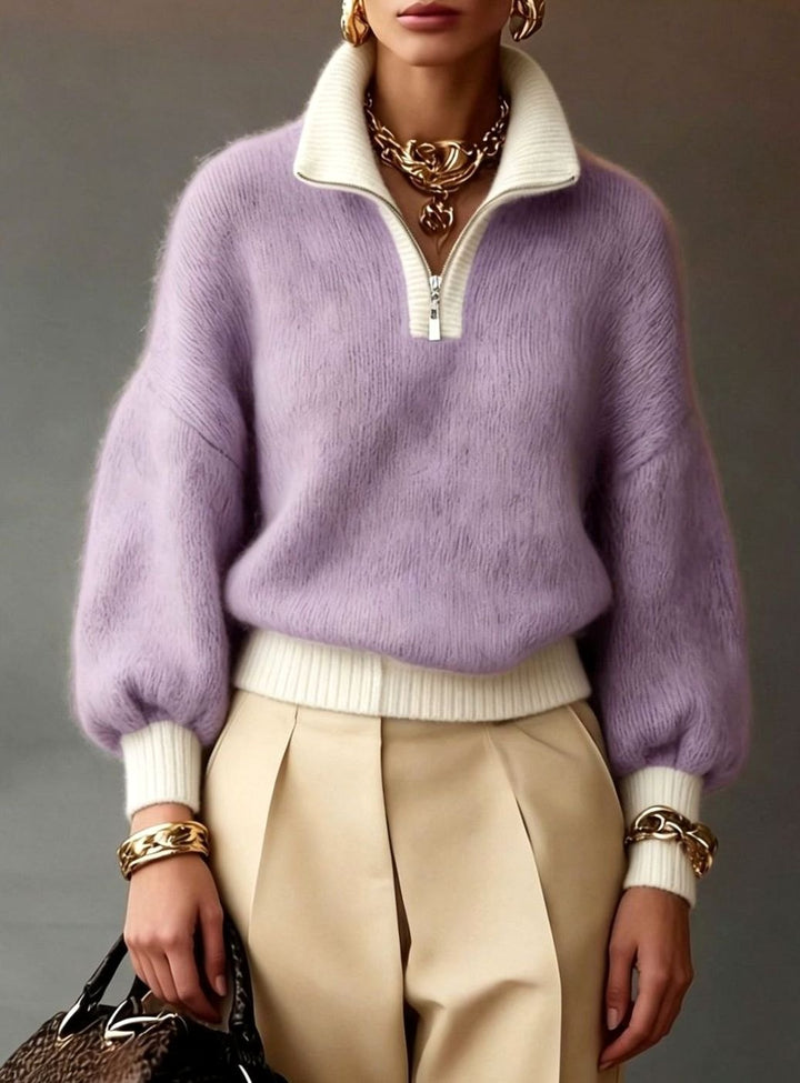 Women's Relaxed Half-Zip Fluffy Knit Pullover Sweater