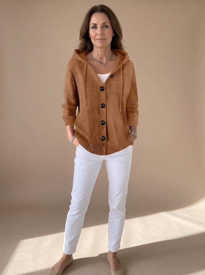 Women's Relaxed Hooded Knit Cardigan Sweater Button-Front - Dark Brown
