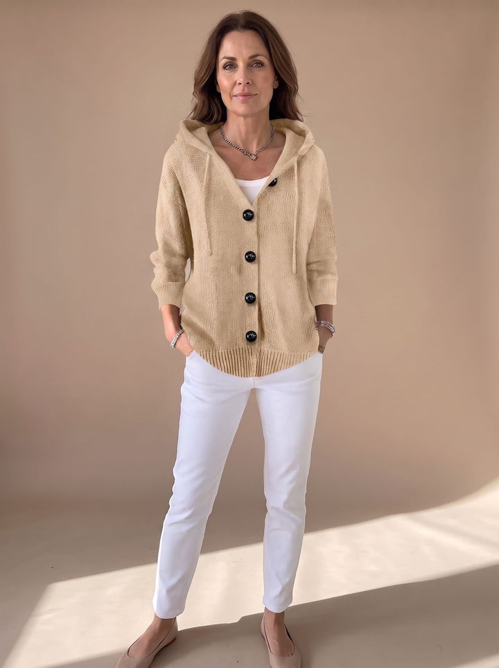 Women's Relaxed Hooded Knit Cardigan Sweater Button-Front - Beige