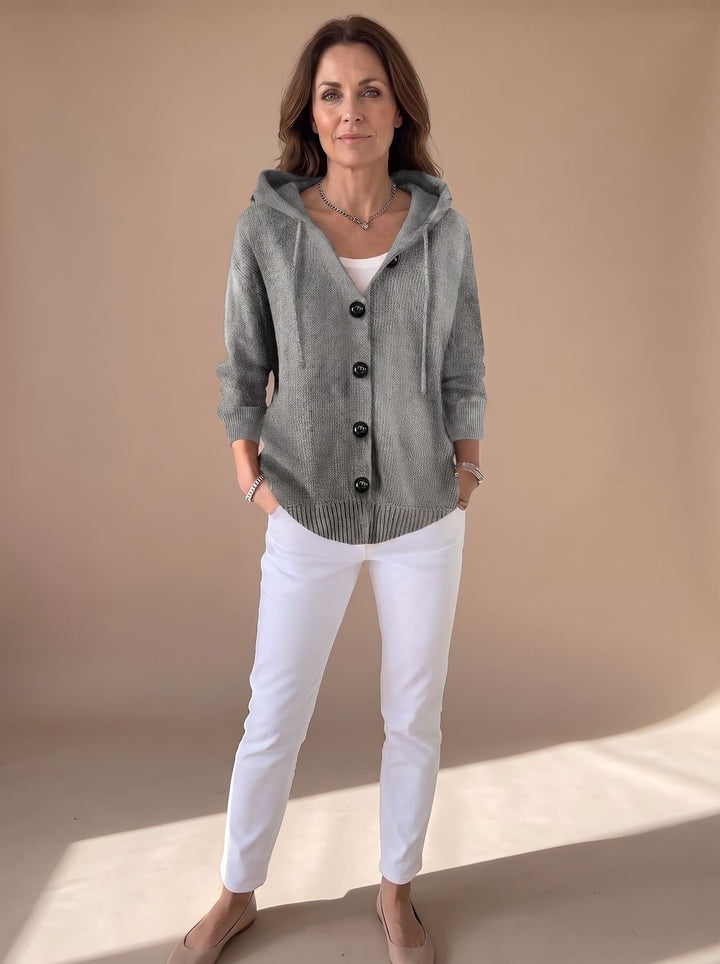 Women's Relaxed Hooded Knit Cardigan Sweater Button-Front - Gray