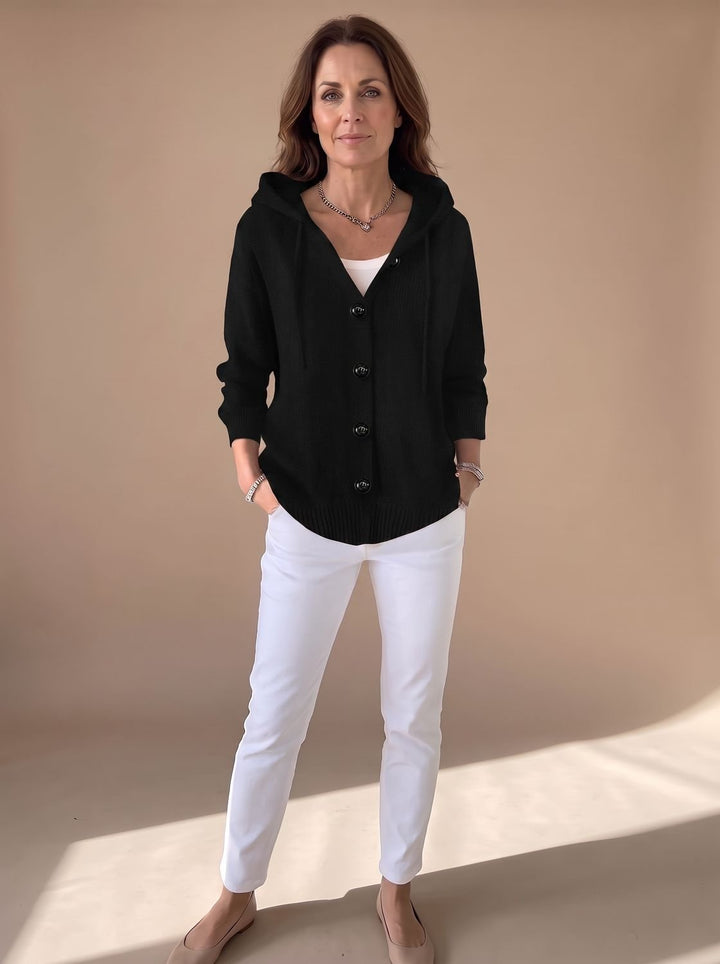 Women's Relaxed Hooded Knit Cardigan Sweater Button-Front - Black