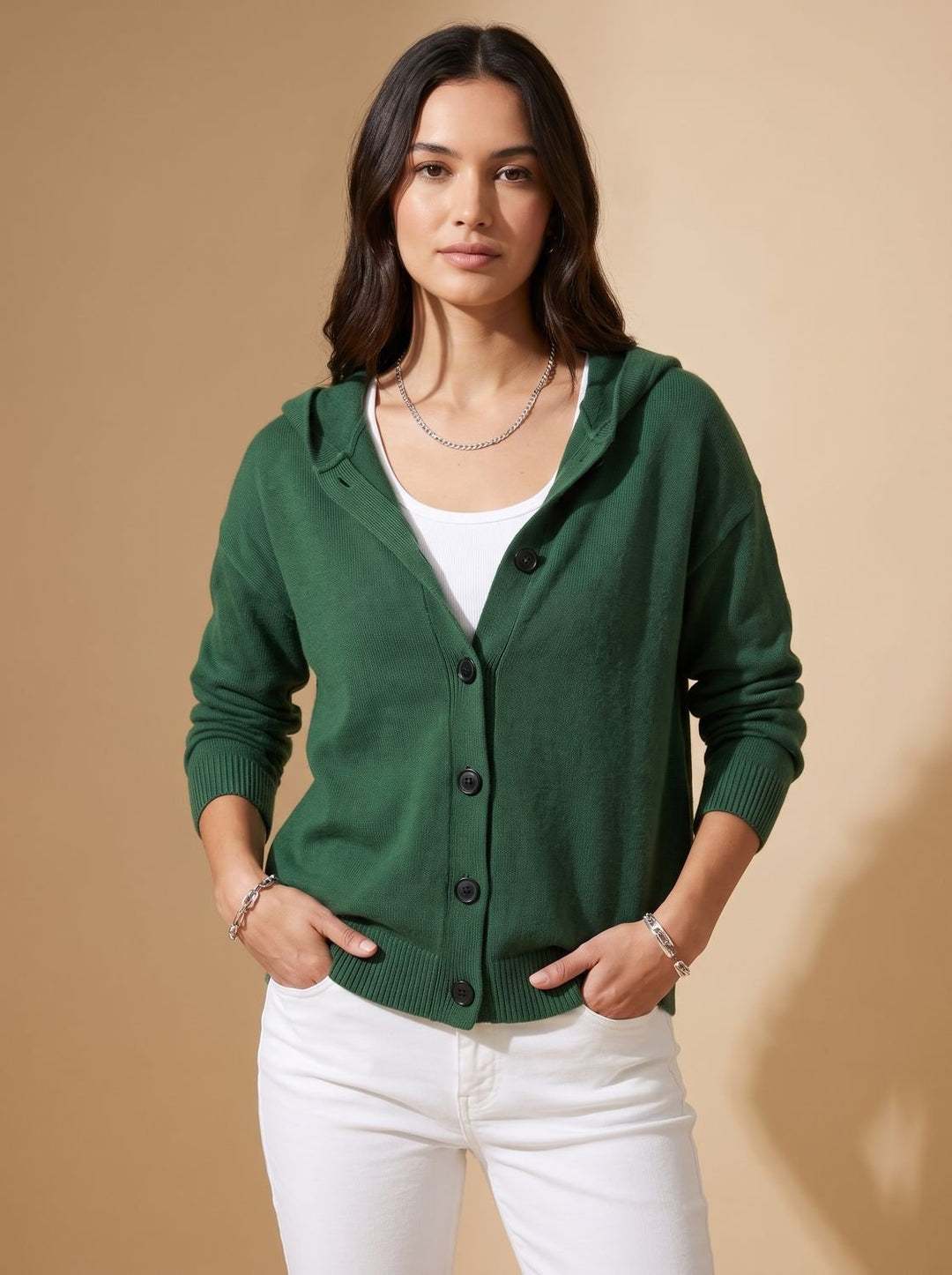 Women's Relaxed Hooded Knit Cardigan Sweater Button-Front - Green
