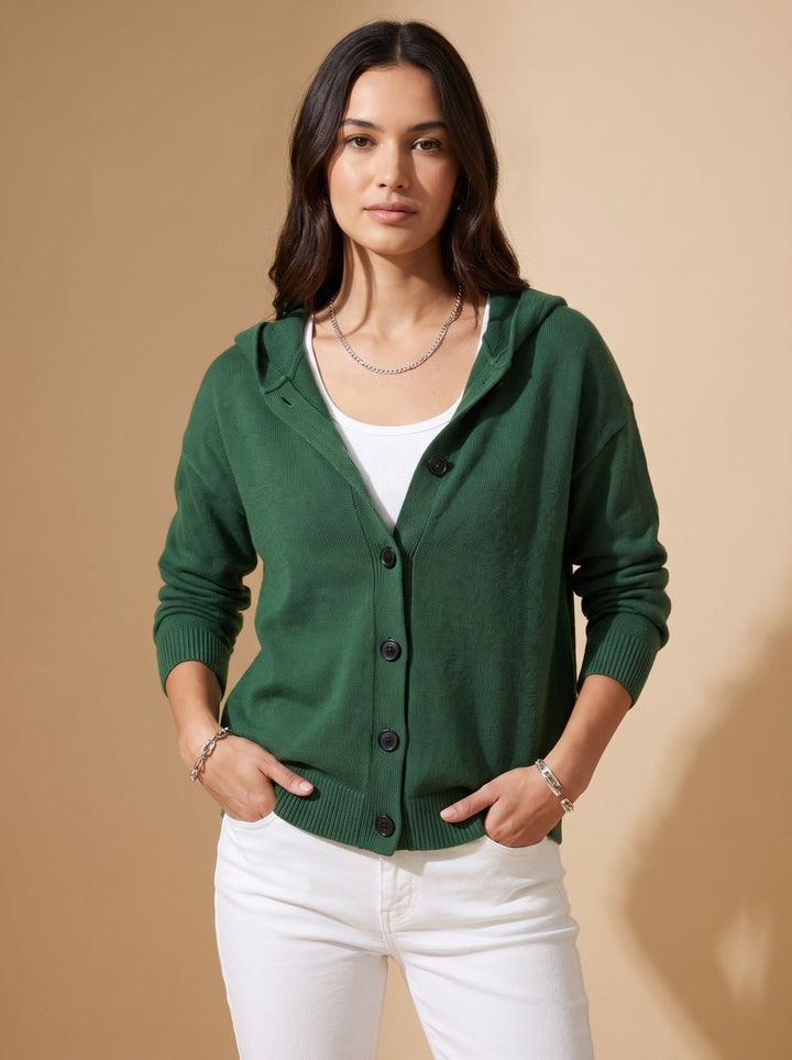 Women's Relaxed Hooded Knit Cardigan Sweater Button-Front - Green