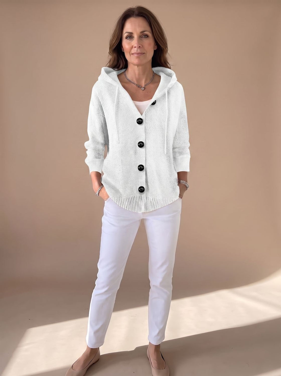 Women's Relaxed Hooded Knit Cardigan Sweater Button-Front - White