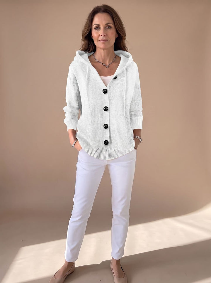 Women's Relaxed Hooded Knit Cardigan Sweater Button-Front - White