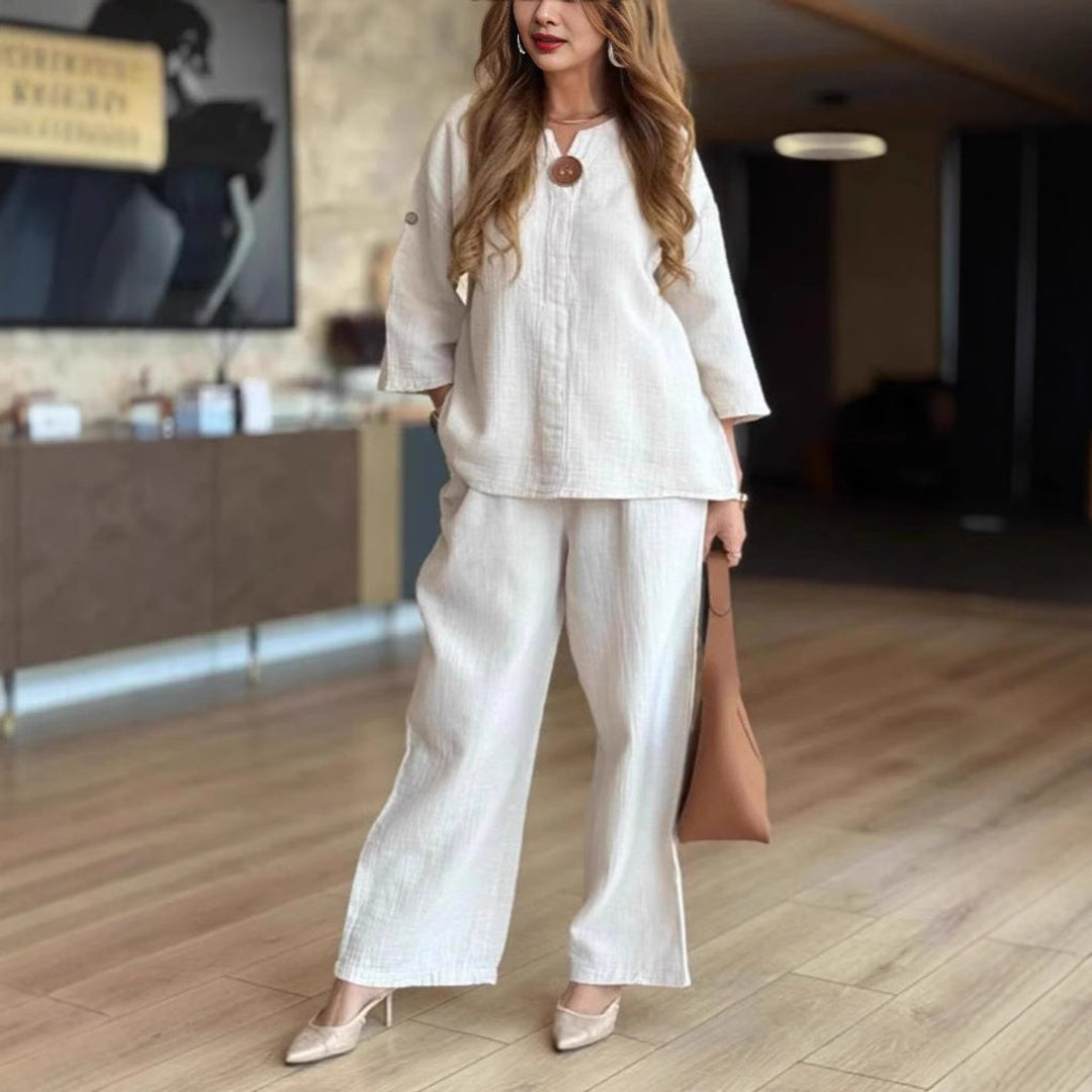 Women's Relaxed Linen-Blend Three-Quarter Sleeve Tunic Palazzo Pants Set