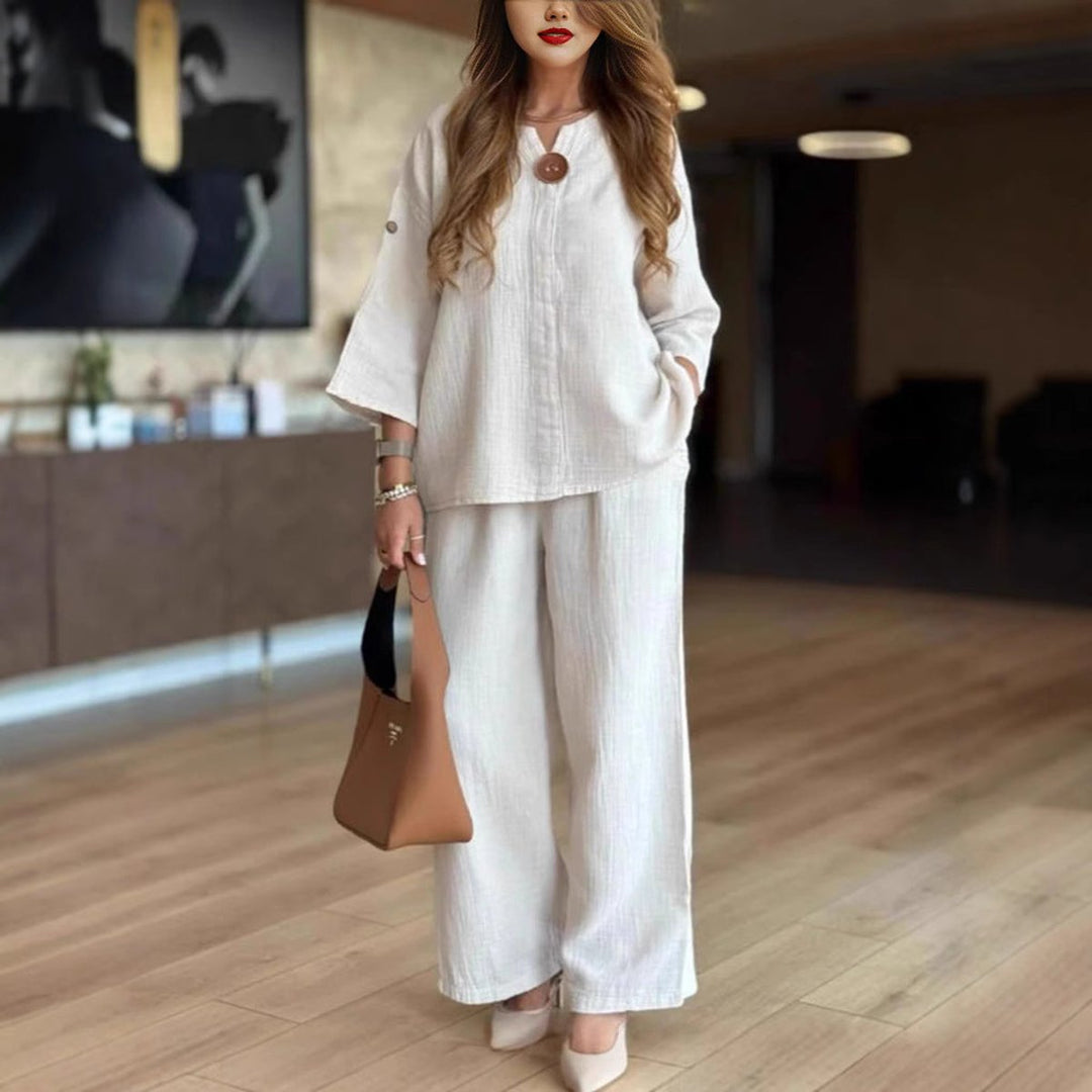 Women's Relaxed Linen-Blend Three-Quarter Sleeve Tunic Palazzo Pants Set
