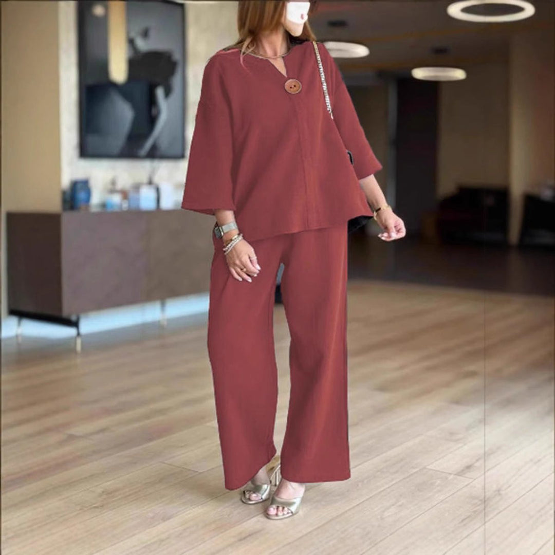 Women's Relaxed Linen-Blend Three-Quarter Sleeve Tunic Palazzo Pants Set - Bordeaux