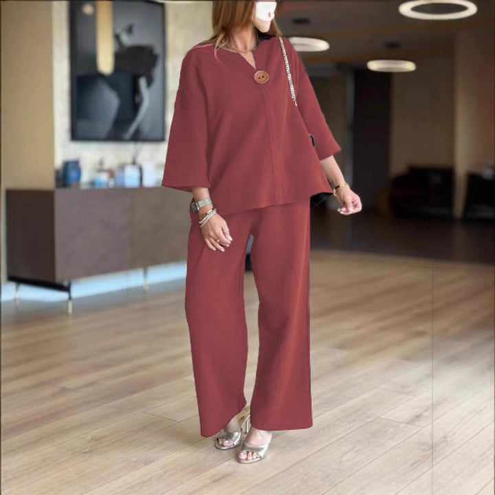 Women's Relaxed Linen-Blend Three-Quarter Sleeve Tunic Palazzo Pants Set - Bordeaux